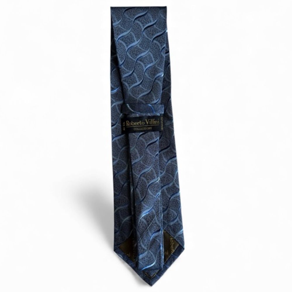 Roberto Villini Collezione Men’s Silk Tie Blue Wave Pattern Italian Designer - Picture 2 of 2